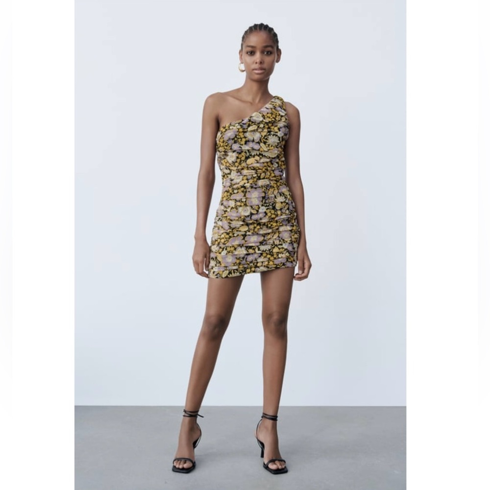 Zara SMALL asymmetrical printed dress with draping NWT